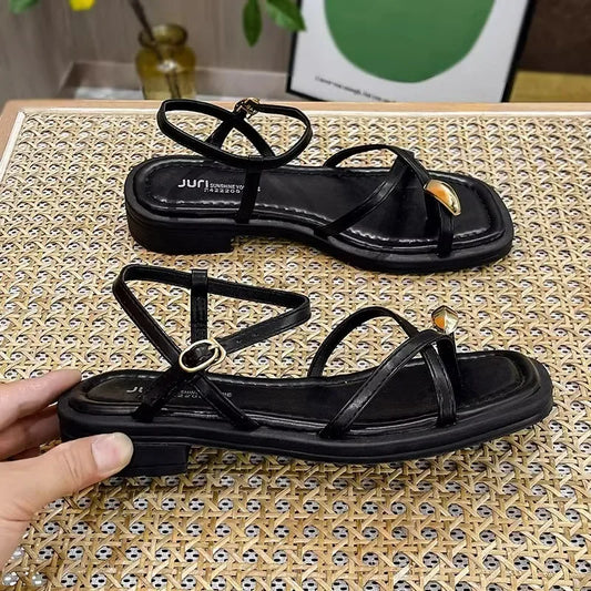 Heeled Sandals Shoes Women's Black Beach New Summer 2024 Girls Low Comfort Sports Casual Solid